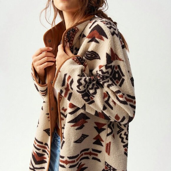 Multicolor Casual Women's Geometric Print Reversible Fleece Jacket - Picture 6 of 8